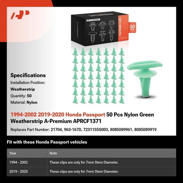 1994-2002 2019-2020 Honda Passport 50 Pcs Nylon Green Weatherstrip A-Premium APRCF1371