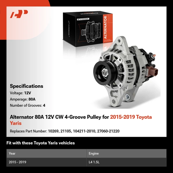 Alternator 80A 12V CW 4-Groove Pulley for 2015-2019 Toyota Yaris