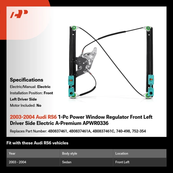2003-2004 Audi RS6 1-Pc Power Window Regulator Front Left Driver Side Electric A-Premium APWR0336