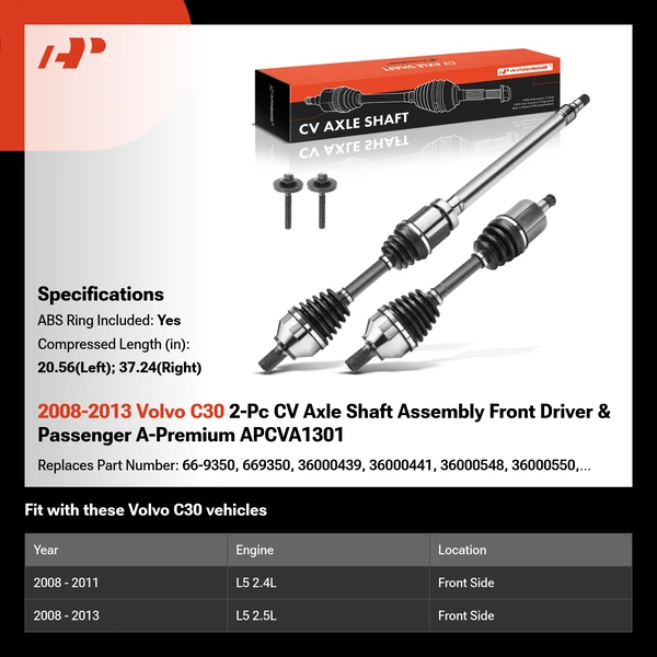 2008-2013 Volvo C30 2-Pc CV Axle Shaft Assembly Front Driver & Passenger A-Premium APCVA1301