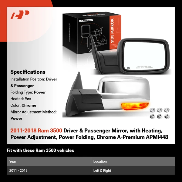 2011-2018 Ram 3500 Driver & Passenger Mirror, with Heating, Power Adjustment, Power Folding, Chrome A-Premium APMI448