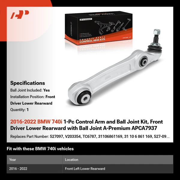 2016-2022 BMW 740i 1-Pc Control Arm and Ball Joint Kit, Front Driver Lower Rearward with Ball Joint A-Premium APCA7937