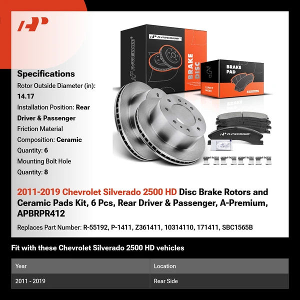 2011-2019 Chevrolet Silverado 2500 HD Disc Brake Rotors and Ceramic Pads Kit, 6 Pcs, Rear Driver & Passenger, A-Premium, APBRPR412
