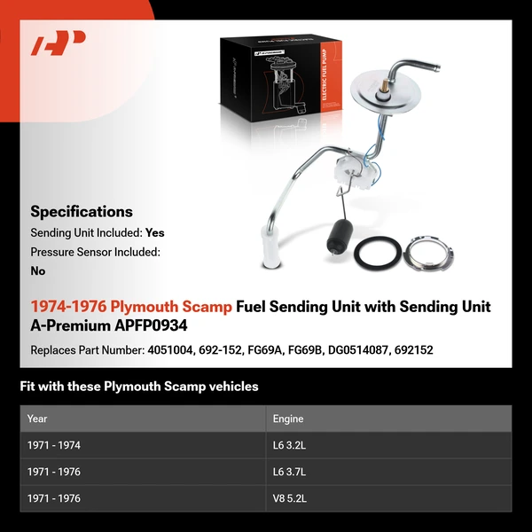 1974-1976 Plymouth Scamp Fuel Sending Unit with Sending Unit A-Premium APFP0934