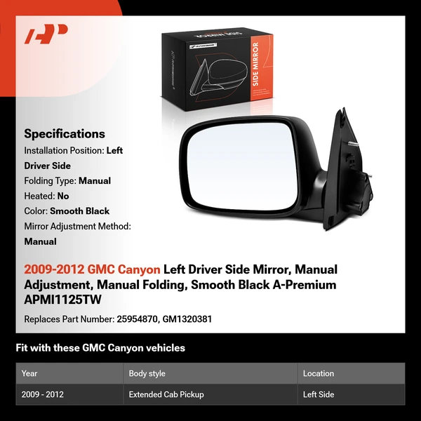 2009-2012 GMC Canyon Left Driver Side Mirror, Manual Adjustment, Manual Folding, Smooth Black A-Premium APMI1125TW