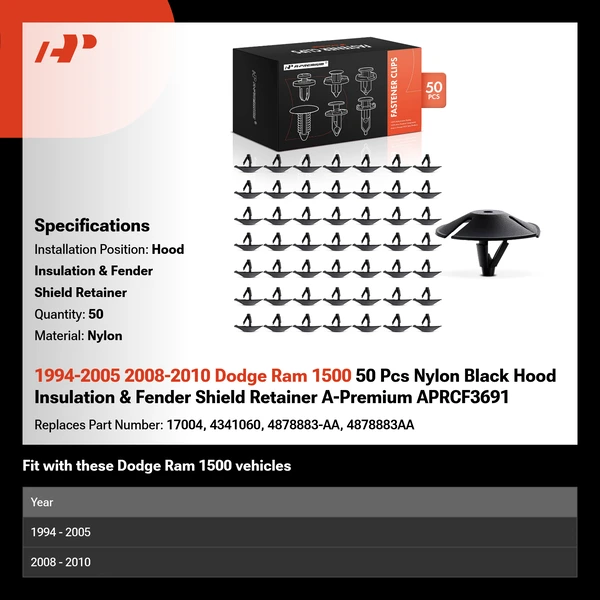 1994-2005 2008-2010 Dodge Ram 1500 50 Pcs Nylon Black Hood Insulation & Fender Shield Retainer A-Premium APRCF3691