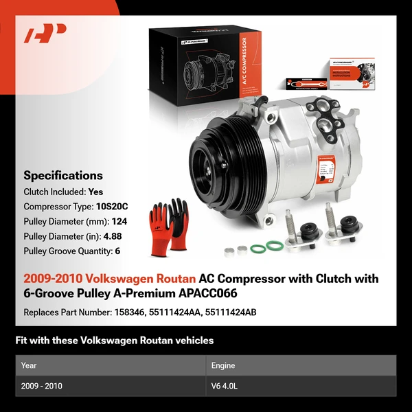 2009-2010 Volkswagen Routan AC Compressor with Clutch with 6-Groove Pulley A-Premium APACC066