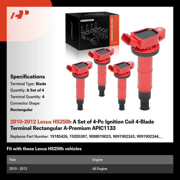 2010-2012 Lexus HS250h A Set of 4-Pc Ignition Coil 4-Blade Terminal Rectangular A-Premium APIC1133