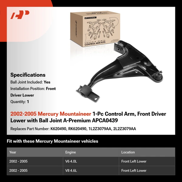 2002-2005 Mercury Mountaineer 1-Pc Control Arm, Front Driver Lower with Ball Joint A-Premium APCA0439