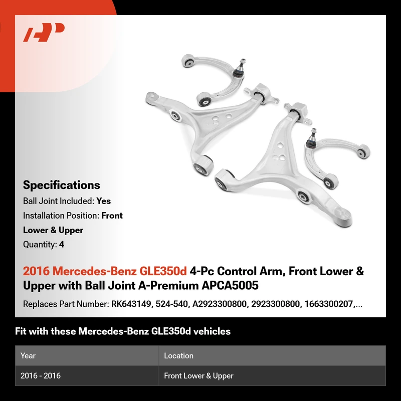 2016 Mercedes-Benz GLE350d 4-Pc Control Arm, Front Lower & Upper with Ball Joint A-Premium APCA5005