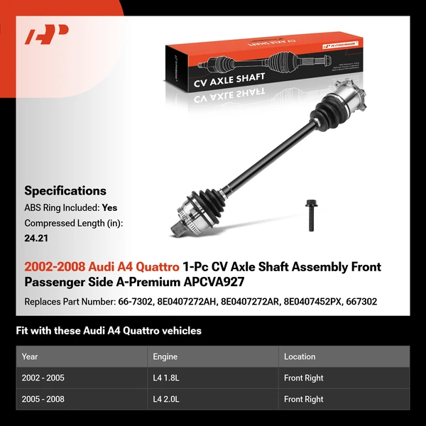 2002-2008 Audi A4 Quattro 1-Pc CV Axle Shaft Assembly Front Passenger Side A-Premium APCVA927
