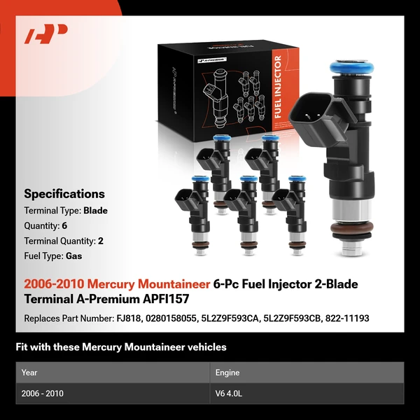 2006-2010 Mercury Mountaineer 6-Pc Fuel Injector 2-Blade Terminal A-Premium APFI157