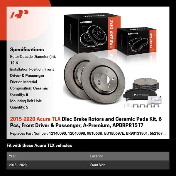 2015-2020 Acura TLX Disc Brake Rotors and Ceramic Pads Kit, 6 Pcs, Front Driver & Passenger, A-Premium, APBRPR1517