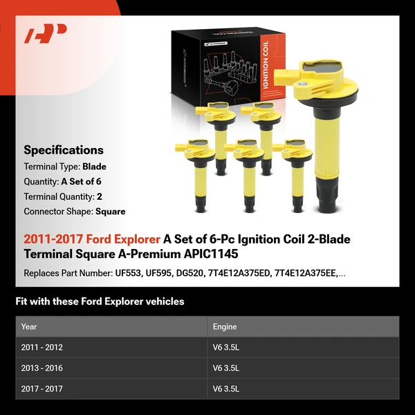 2011-2017 Ford Explorer A Set of 6-Pc Ignition Coil 2-Blade Terminal Square A-Premium APIC1145
