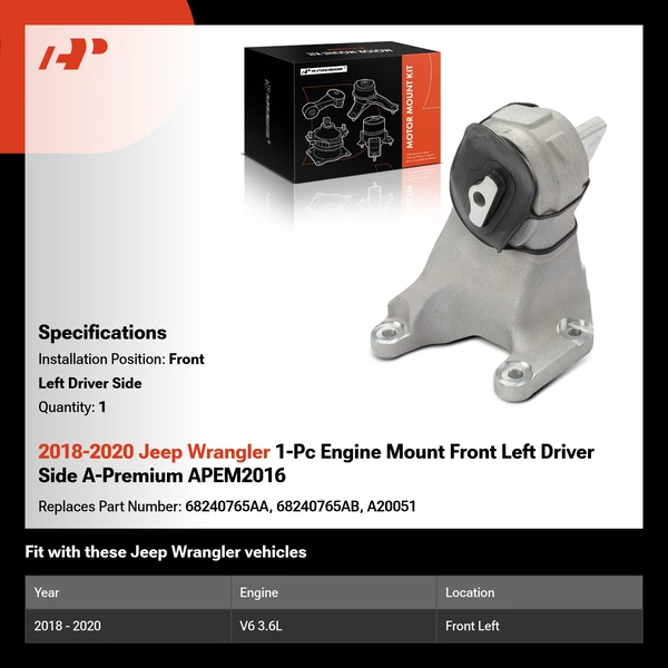 2018-2020 Jeep Wrangler 1-Pc Engine Mount Front Left Driver Side A-Premium APEM2016