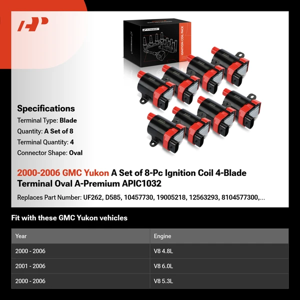 2000-2006 GMC Yukon A Set of 8-Pc Ignition Coil 4-Blade Terminal Oval A-Premium APIC1032