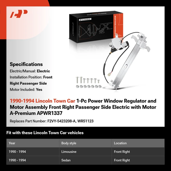 1990-1994 Lincoln Town Car 1-Pc Power Window Regulator and Motor Assembly Front Right Passenger Side Electric with Motor A-Premium APWR1337
