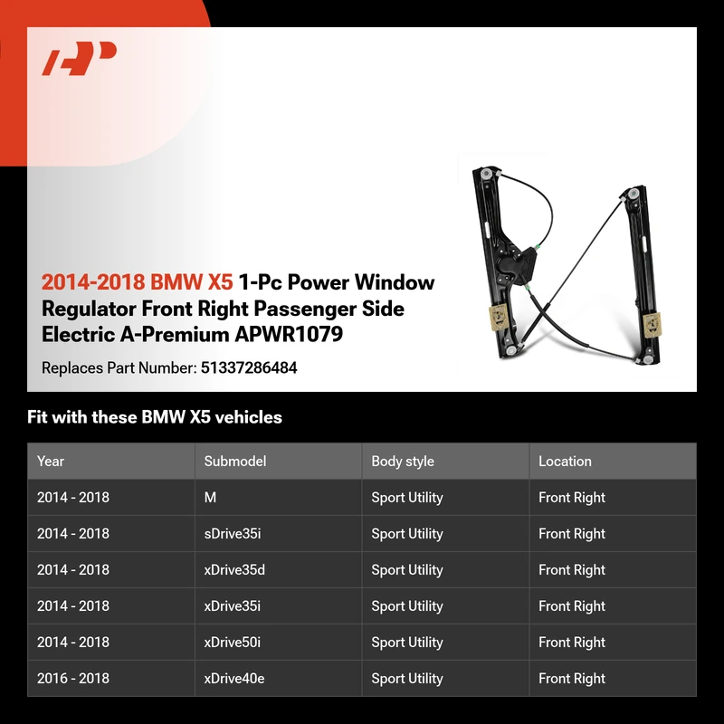 2014-2018 BMW X5 1-Pc Power Window Regulator Front Right Passenger Side Electric A-Premium APWR1079