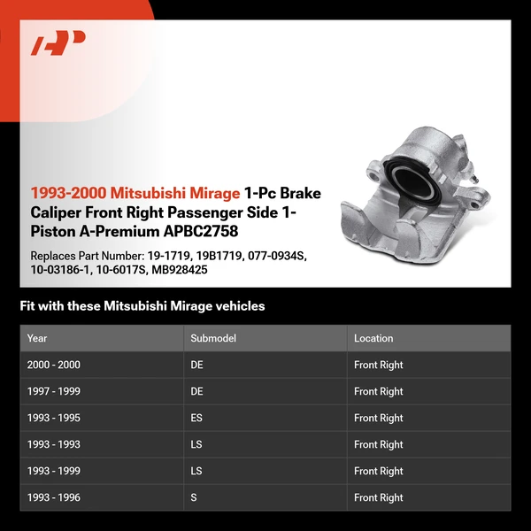 1993-2000 Mitsubishi Mirage 1-Pc Brake Caliper Front Right Passenger Side 1-Piston A-Premium APBC2758