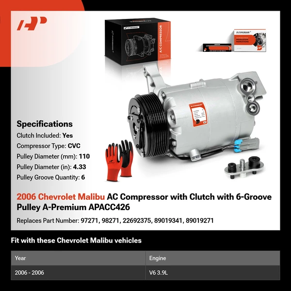 2006 Chevrolet Malibu AC Compressor with Clutch with 6-Groove Pulley A-Premium APACC426