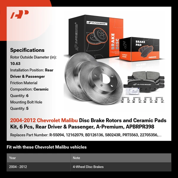 2004-2012 Chevrolet Malibu Disc Brake Rotors and Ceramic Pads Kit, 6 Pcs, Rear Driver & Passenger, A-Premium, APBRPR398