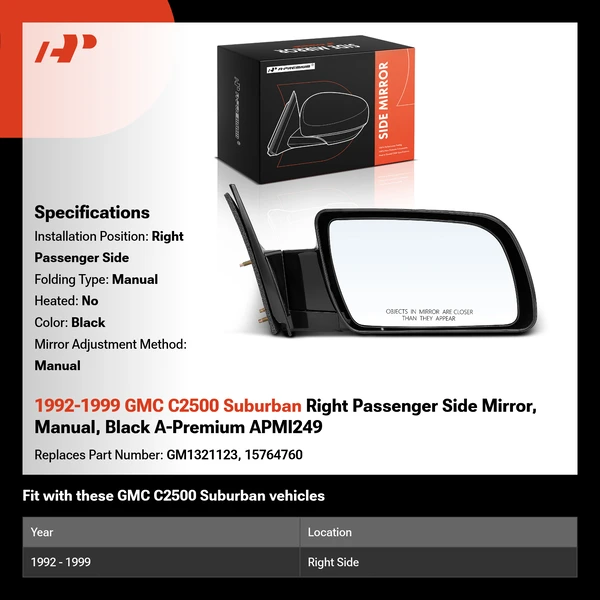 1992-1999 GMC C2500 Suburban Right Passenger Side Mirror, Manual, Black A-Premium APMI249