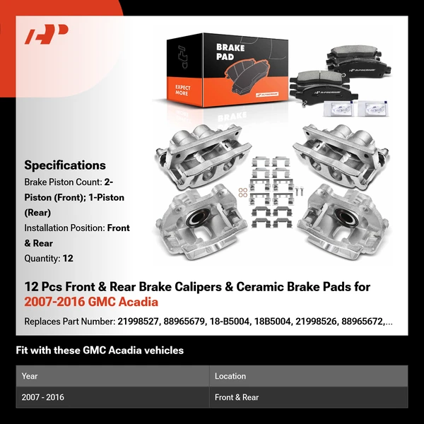 12 Pcs Front & Rear Brake Calipers & Ceramic Brake Pads for 2007-2016 GMC Acadia