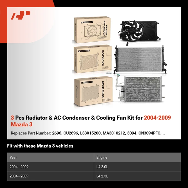 3 Pcs Radiator & AC Condenser & Cooling Fan Kit for 2004-2009 Mazda 3