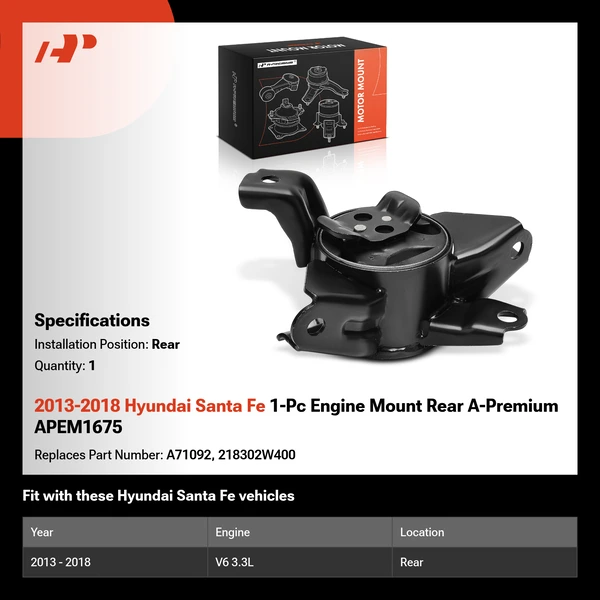 2013-2018 Hyundai Santa Fe 1-Pc Engine Mount Rear A-Premium APEM1675