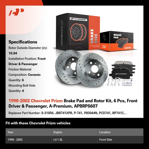 1998-2002 Chevrolet Prizm Brake Pad and Rotor Kit, 6 Pcs, Front Driver & Passenger, A-Premium, APBRPS607