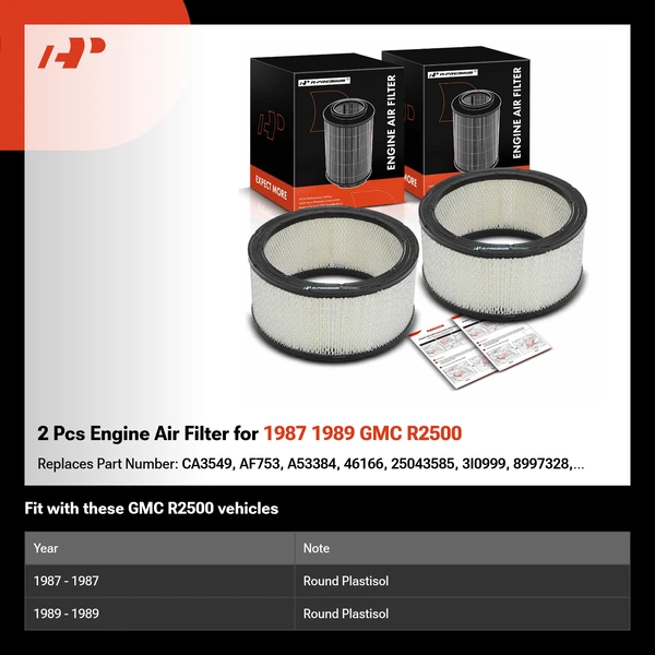 2 Pcs Engine Air Filter for 1987 1989 GMC R2500