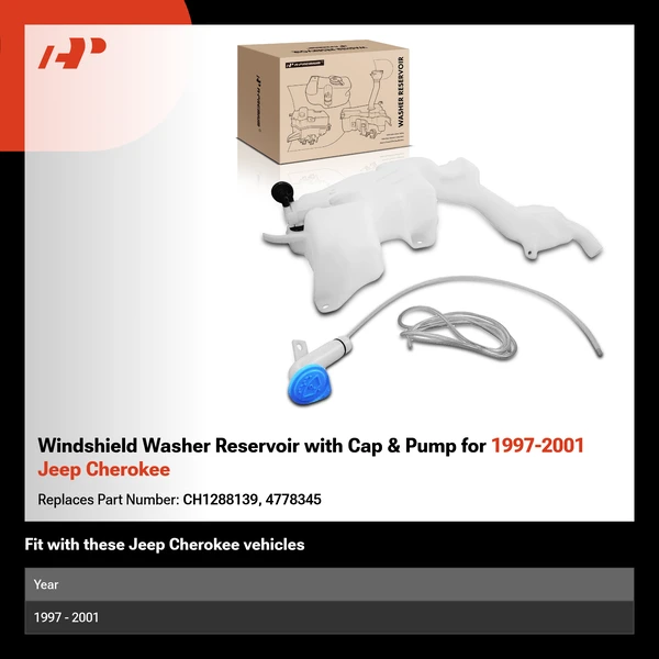 Windshield Washer Reservoir with Cap & Pump for 1997-2001 Jeep Cherokee