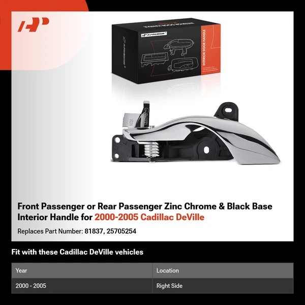 Front Passenger or Rear Passenger Zinc Chrome & Black Base Interior Handle for 2000-2005 Cadillac DeVille