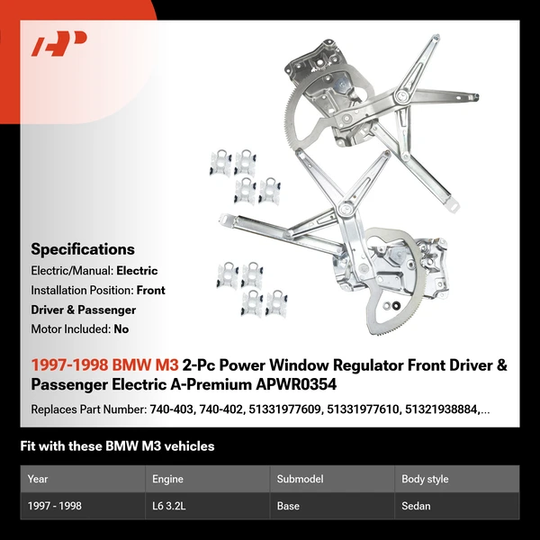 1997-1998 BMW M3 2-Pc Power Window Regulator Front Driver & Passenger Electric A-Premium APWR0354