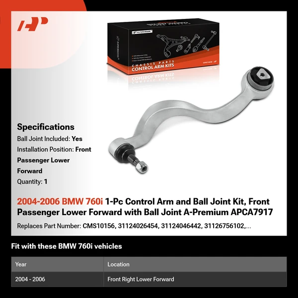2004-2006 BMW 760i 1-Pc Control Arm and Ball Joint Kit, Front Passenger Lower Forward with Ball Joint A-Premium APCA7917