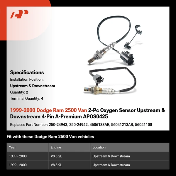 1999-2000 Dodge Ram 2500 Van 2-Pc Oxygen Sensor Upstream & Downstream 4-Pin A-Premium APOS0425