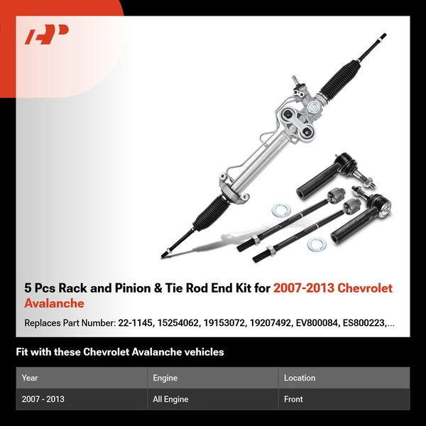 5 Pcs Rack and Pinion & Tie Rod End Kit for 2007-2013 Chevrolet Avalanche