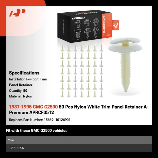1987-1995 GMC G2500 50 Pcs Nylon White Trim Panel Retainer A-Premium APRCF3512