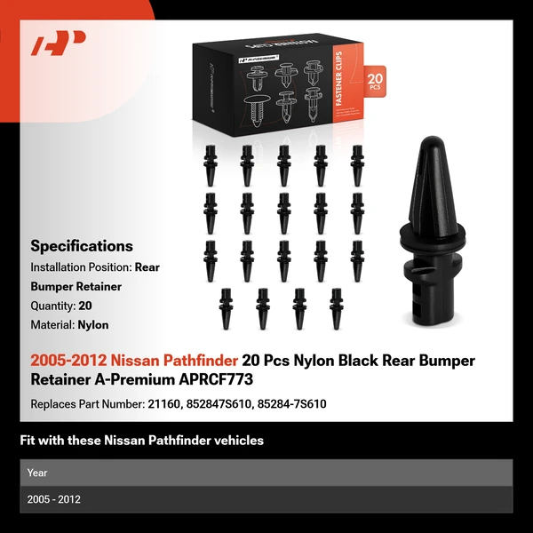 2005-2012 Nissan Pathfinder 20 Pcs Nylon Black Rear Bumper Retainer A-Premium APRCF773