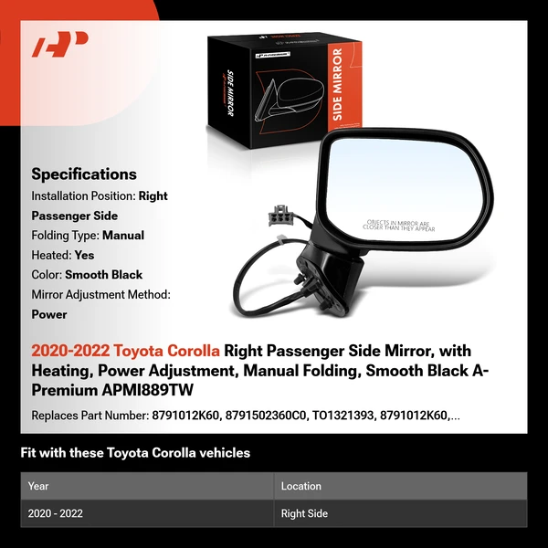 2020-2022 Toyota Corolla Right Passenger Side Mirror, with Heating, Power Adjustment, Manual Folding, Smooth Black A-Premium APMI889TW