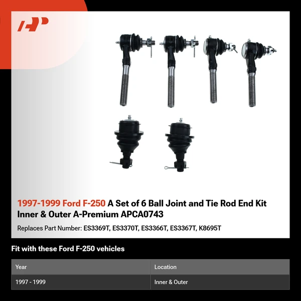 1997-1999 Ford F-250 A Set of 6 Ball Joint and Tie Rod End Kit Inner & Outer A-Premium APCA0743
