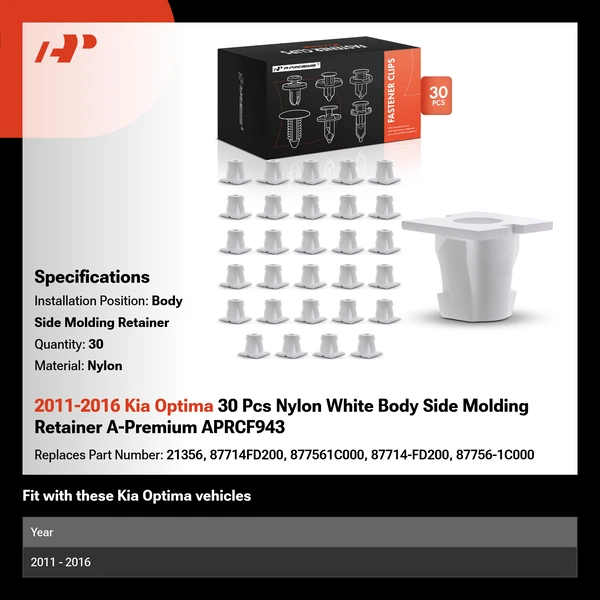2011-2016 Kia Optima 30 Pcs Nylon White Body Side Molding Retainer A-Premium APRCF943
