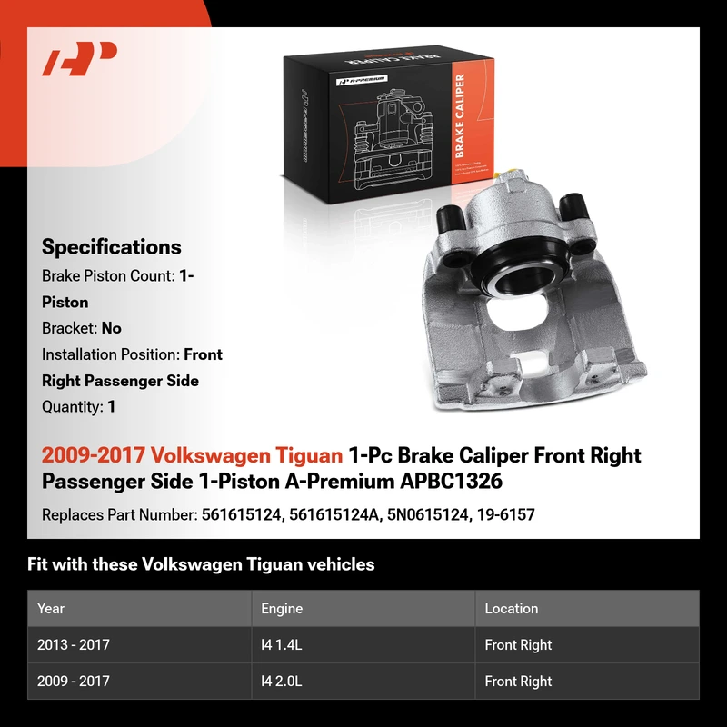 2009-2017 Volkswagen Tiguan 1-Pc Brake Caliper Front Right Passenger Side 1-Piston A-Premium APBC1326