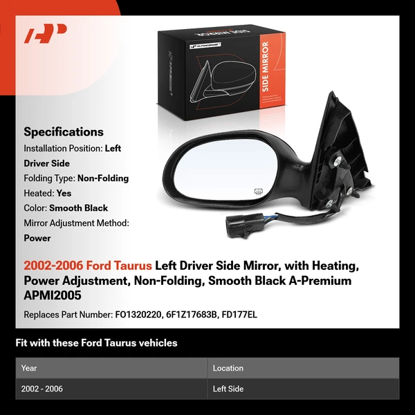 2002-2006 Ford Taurus Left Driver Side Mirror, with Heating, Power Adjustment, Non-Folding, Smooth Black A-Premium APMI2005