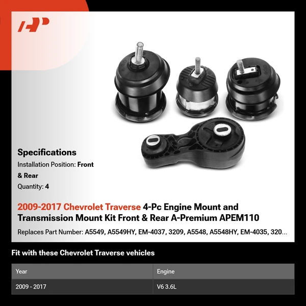 2009-2017 Chevrolet Traverse 4-Pc Engine Mount and Transmission Mount Kit Front & Rear A-Premium APEM110