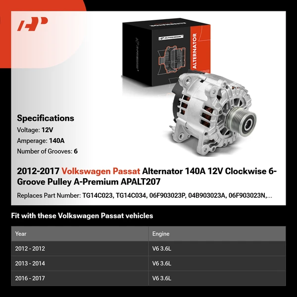 2012-2017 Volkswagen Passat Alternator 140A 12V Clockwise 6-Groove Pulley A-Premium APALT207