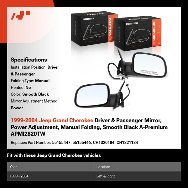 1999-2004 Jeep Grand Cherokee Driver & Passenger Mirror, Power Adjustment, Manual Folding, Smooth Black A-Premium APMI2820TW