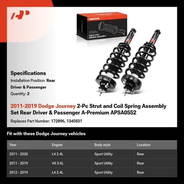 2011-2019 Dodge Journey 2-Pc Strut and Coil Spring Assembly Set Rear Driver & Passenger A-Premium APSA0552