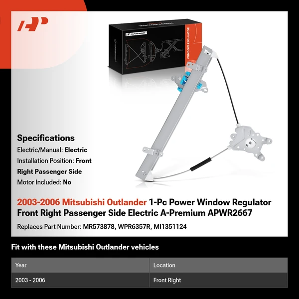 2003-2006 Mitsubishi Outlander 1-Pc Power Window Regulator Front Right Passenger Side Electric A-Premium APWR2667