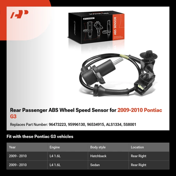 Rear Passenger ABS Wheel Speed Sensor for 2009-2010 Pontiac G3